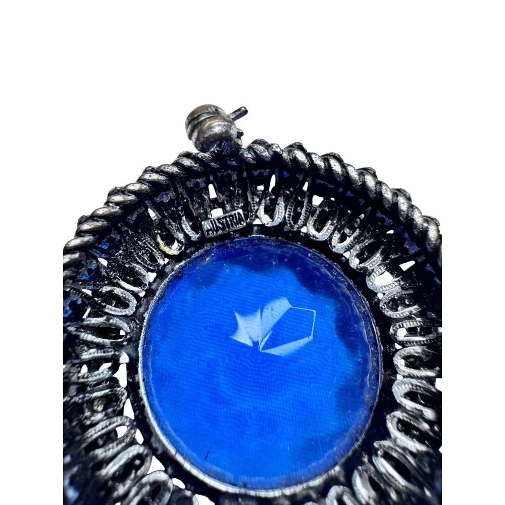 Austria Blue Rhinestone Brooch Gunmetal Silver Tone Round 1960s Vintage